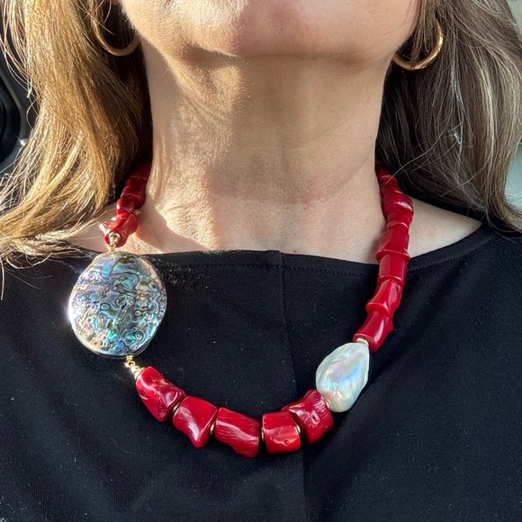 Jimetta Jewelry - Handmade Coral Abalone Pearl Beaded Statement Necklace